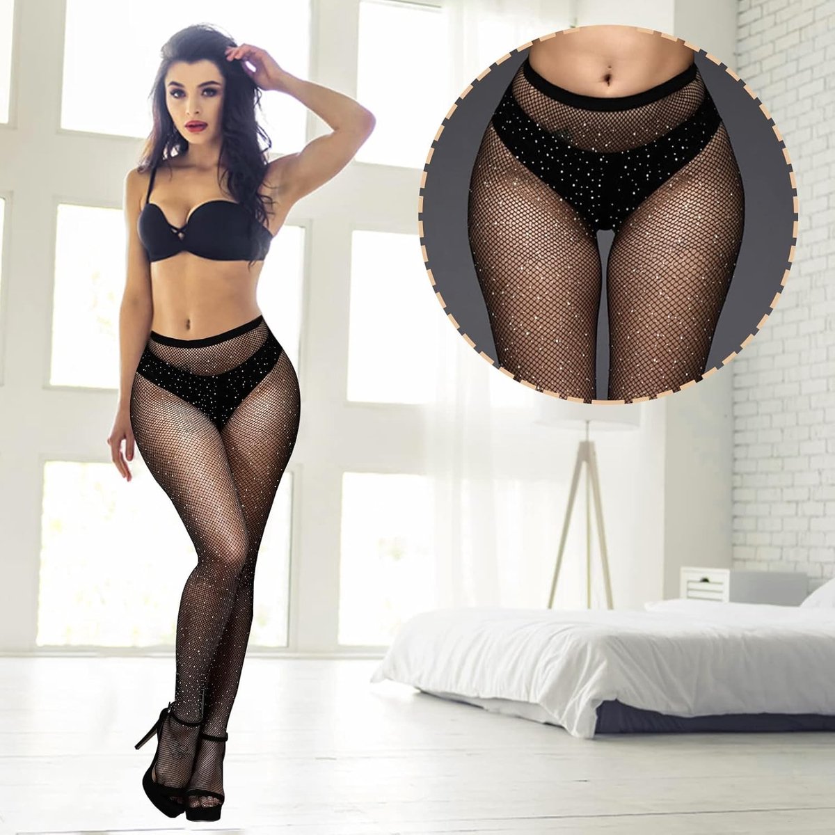 Sparkly Visnetkousen voor Dames met Hoge Taille en Strass, Ideaal voor Feestjes en Avondkleding, Zwart, One Size