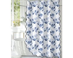 Blauw bloemenpatroon met golvende rand – douchegordijn van 100% polyester, waterdichte stof, badgordijn voor badkamerinrichting,180x200cm