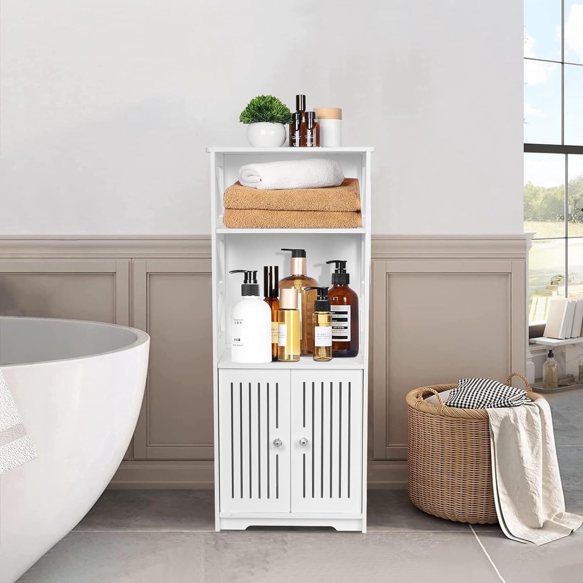 Vrijstaande Witte PVC Toiletpapierhouder met Plank, Badkameropslag en Tissue Organizer, Ideaal voor Toilet en Badkamer