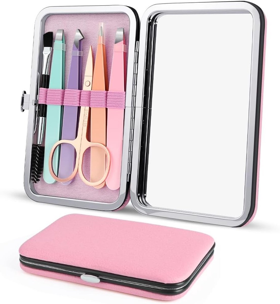 Professionele RVS Pincet Set voor Wenkbrauwen en Wimpers met Reisetui - Precisie Pincetten voor Ingegroeide Haren en Wenkbrauw Epileren (Roze)