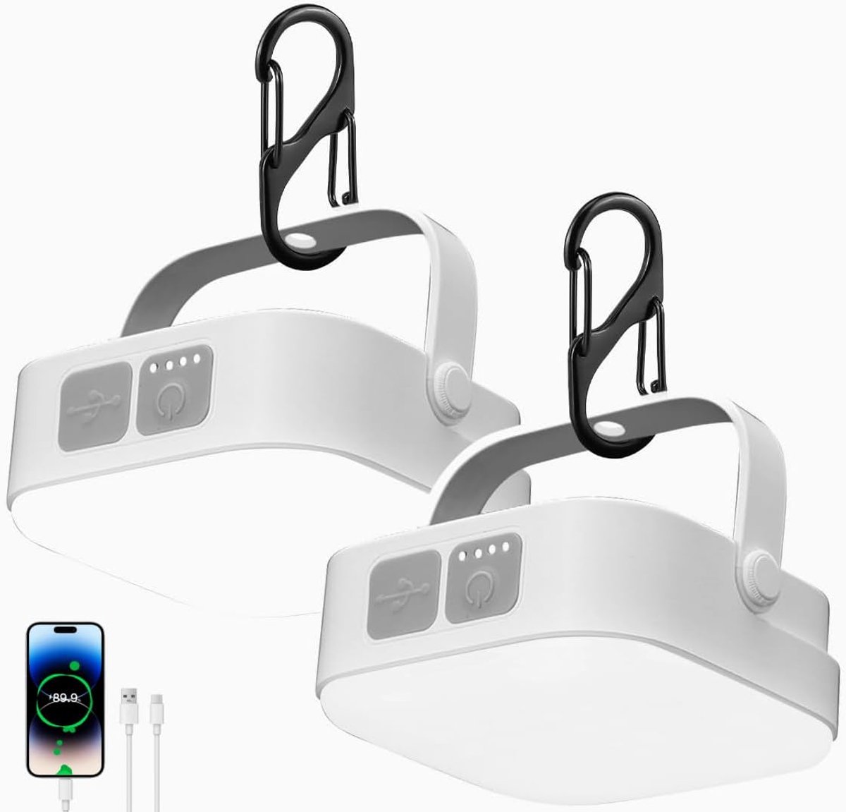 Thijox - 2 stuks 4000 lm Oplaadbare Solar Campinglamp - Waterdichte Tentlamp met Karabijnhaak, 4 Modi voor Buiten, Lezen, Wandelen en Noodgevallen