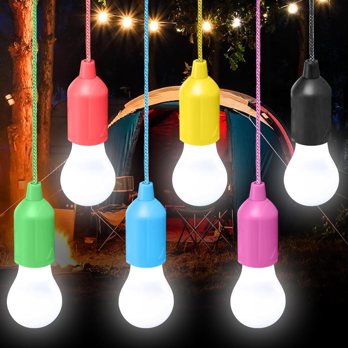 Thijox - 6 Stuks LED Campinglampen met Trekschakelaar, Draagbare Tentlamp voor Wandelen, Vissen, Tuin, Barbecue, Bureau, Campinglicht voor Tent, Batte