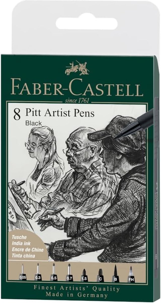 SnelShoppen - Inktpen Pitt Artist Pen, zwart, XXS, S, F, M, B, C, 1,5, Fude hard, etui met 8 stuks, watervast, lichtbestendig, ideaal voor tekenen en