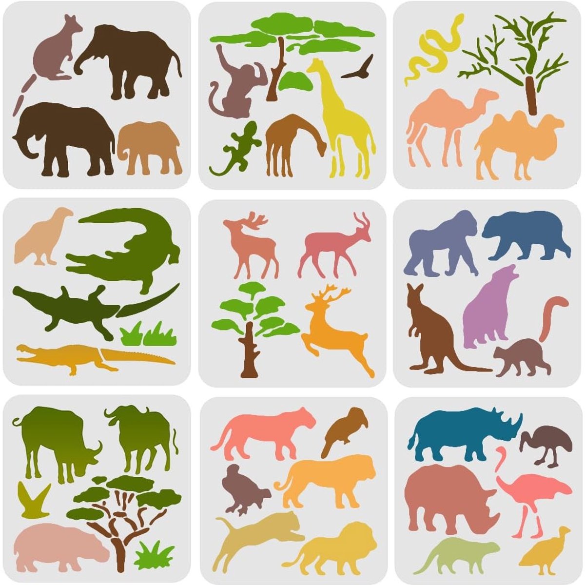 Dailygoods- Diersjablonen 9-delig 20 x 20 cm - Herbruikbare Sjablonen - Schilderen - Creatieve Accessoires - DIY Kunstnijverheid - Inspiratie voor Decoraties - Schilderstencils