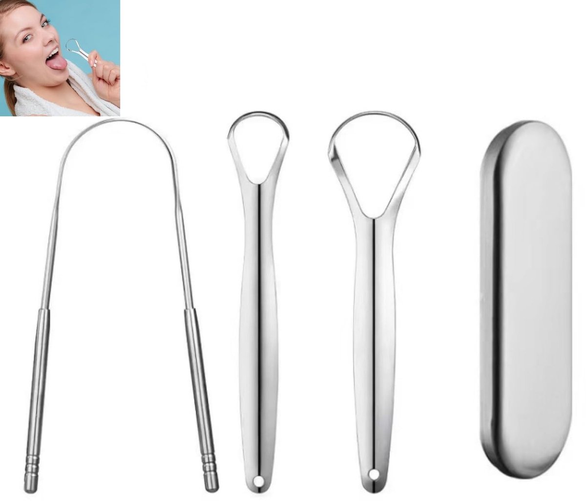 Dailygoods- Tongreiniger 3 Stuks - Roestvrij Staal - Tongborstel/Tongschraper - Ergonomisch - Zilver - 18 x 6 x 2 cm