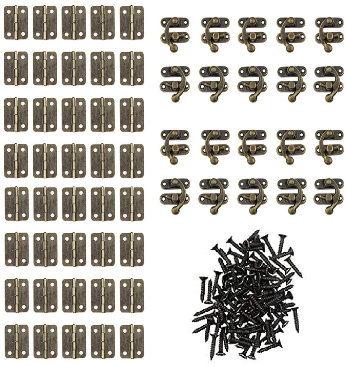 Dailygoods - 20 stuks slothaakhasp, 40 stuks scharnieren, antieke sluitingen, roestvrijstalen deurscharnier, met schroeven, voor retro handwerk, zoals retro houten kisten, geschenkdozen, wijnkisten, gereedschapskisten