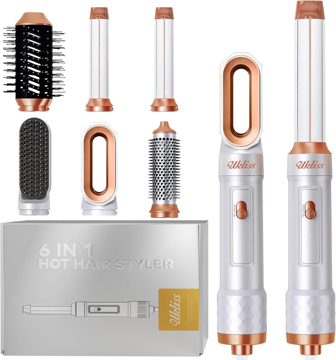 Thijox - 6-in-1 Air Styler Haardroger met Ionische Technologie, Automatische Krultang, Stijltang, Thermische en Ronde Verwarmingsborstel, Wit voor Per