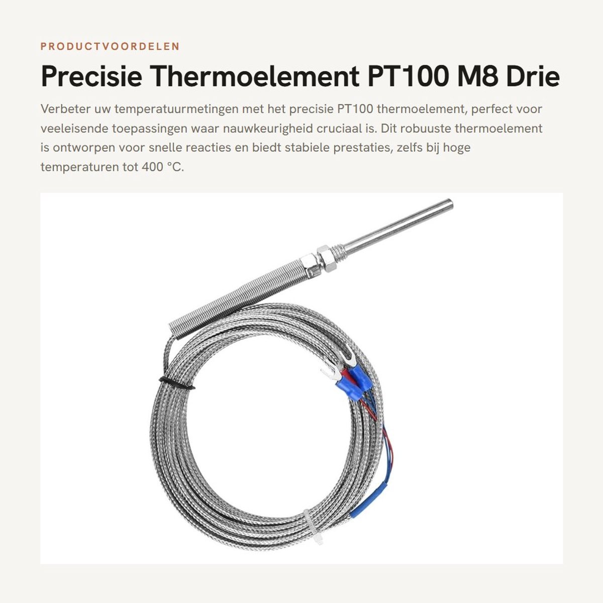 Dailygoods- PT100 Element - Precisie Thermoelement - 3 Draden - Temperatuurbereik 0-400 °C - Kabellengte 5 m - Schroefdraaddiameter 8 mm