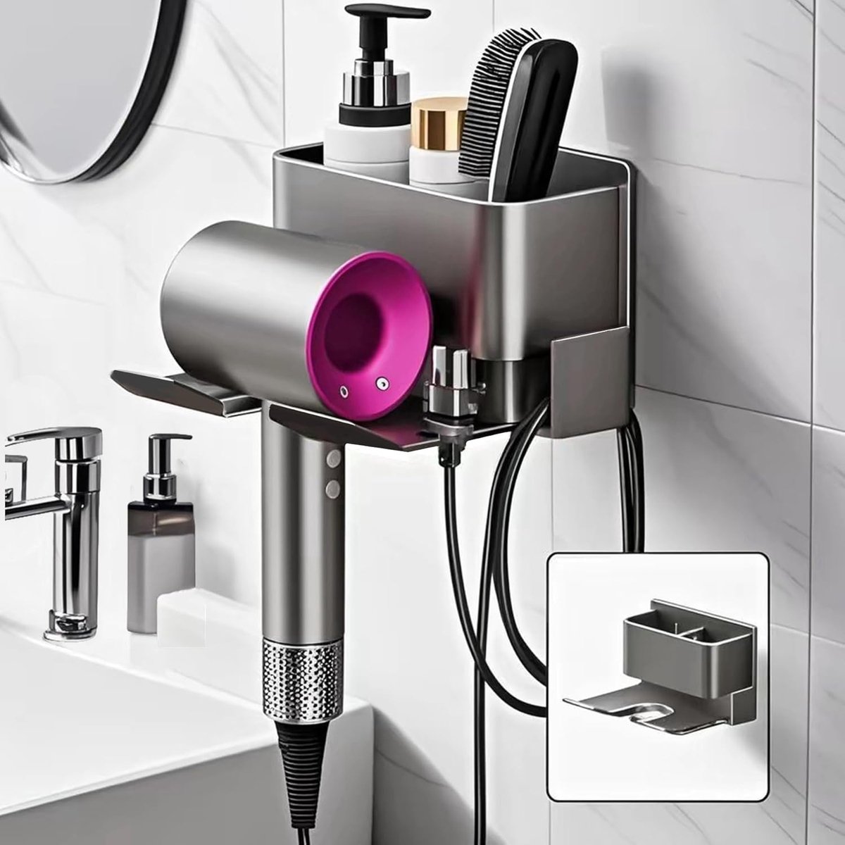 SnelShoppen - Haarföhn Houder Zonder Boren, Wandbevestiging voor Föhn en Steil- en Krulstyler, Aluminium met Kabelbeheer, Grijs, Perfect voor Badkamer