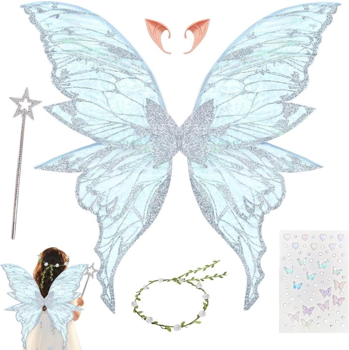 Betoverende feeënvleugels voor kinderen, kostuum met vlindervleugels en elforen, perfect voor carnaval en feesten