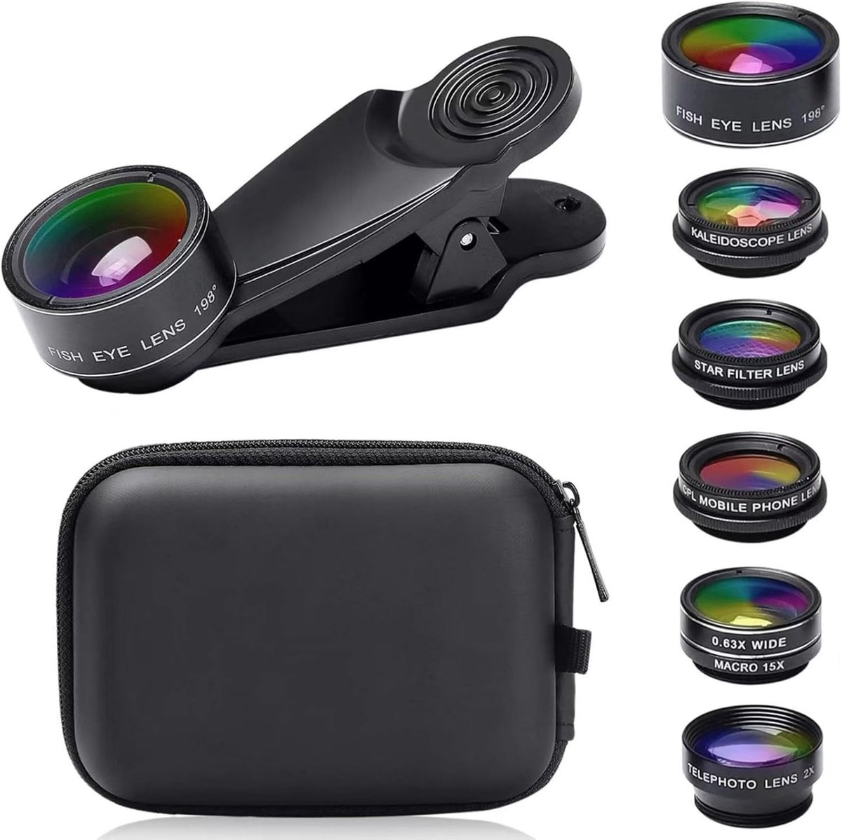 Thijox - 7-in-1 Universele Mobiele Telefoon Lensset - 198° Fisheye, 0,63x Groothoek, 15x Macrolens, CPL, Sterfilterlens, Stofzak (Zwart)