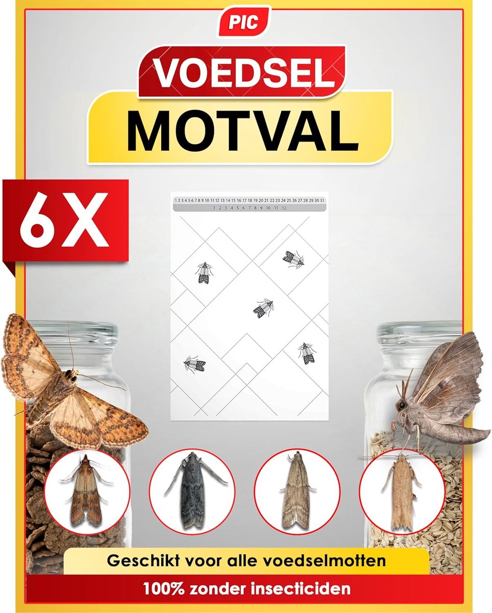 SnelShoppen - PIC Levensmiddelen-mottenval - 6 stuks - Gele sticker voor effectieve bescherming tegen motten in keuken en voorraadruimtes, ideaal voor