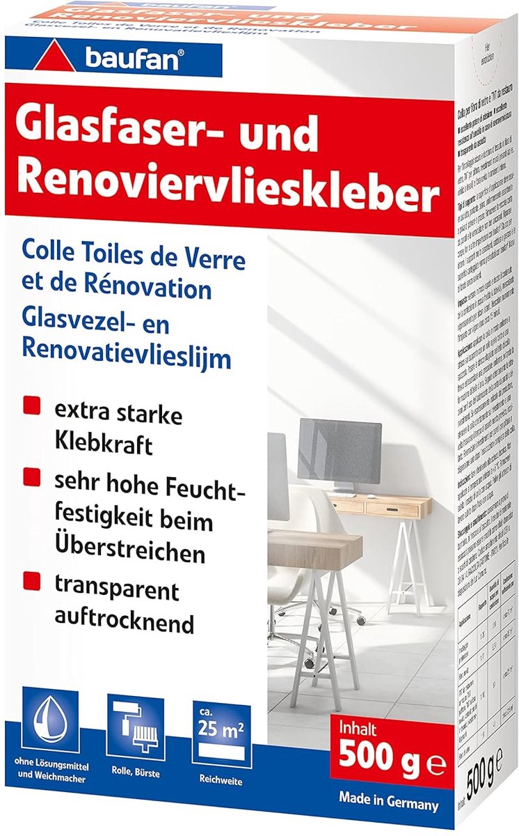 Thijox - Glasvezel- en renovatievlieslijm 500 g, sterke behanglijm voor zware wandbekleding en structuurbehang, oplosmiddelvrij, geschikt voor rol en