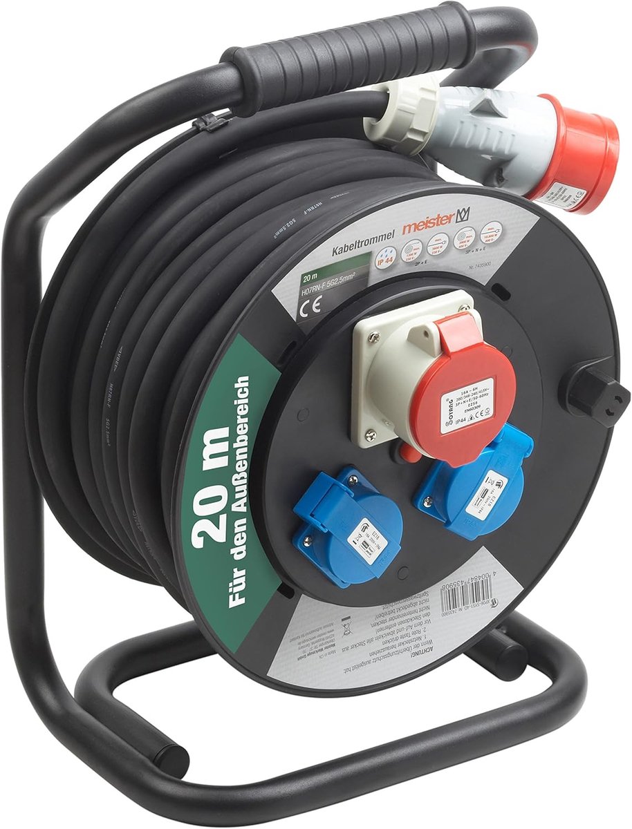 SnelShoppen - Kabelhaspel 20m H07RN-F5G2,5 IP44 - Outdoor Kabelrol met CEE & Geaarde Stopcontacten - Thermisch Beveiligd - Robuuste Rubber Slang - Bou