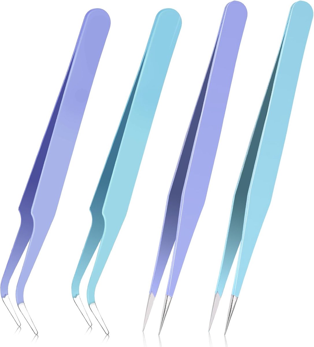 SnelShoppen - Sticker Tweezers Set van 4 Stuks - Curved Pliers voor Precisiewerk - RVS Eyelash Tweezers - Creatieve Tools voor Knutselen, Stickers, Wi