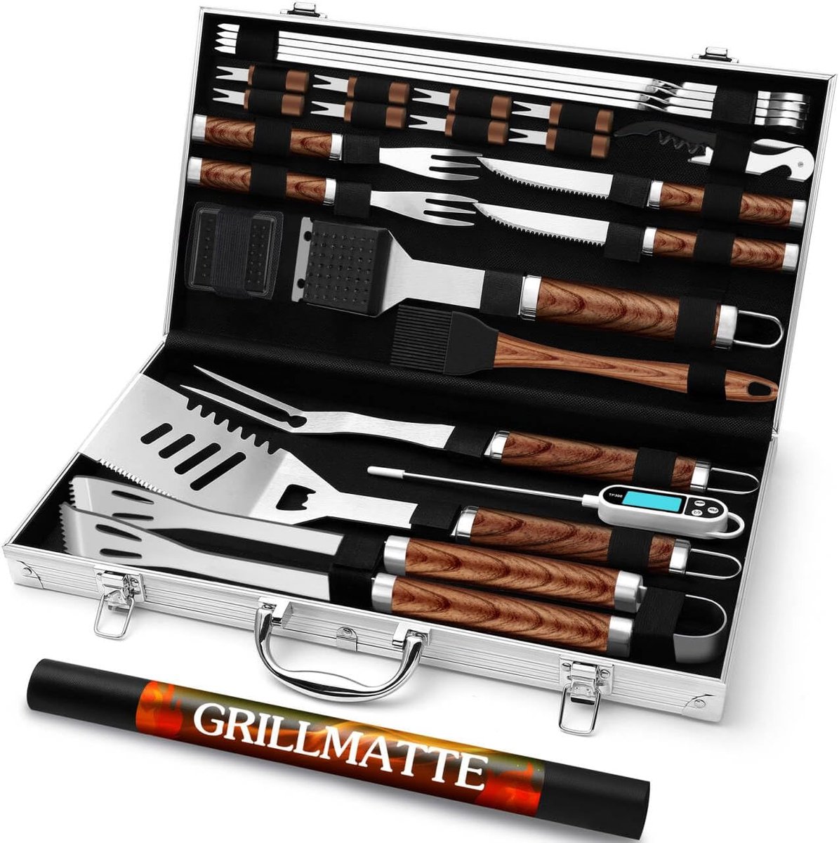 Thijox - Barbecue-accessoires set 26 stuks, roestvrij staal BBQ-bestek met opbergkoffer, vleesthermometer, ideaal voor tuin, camping en feest