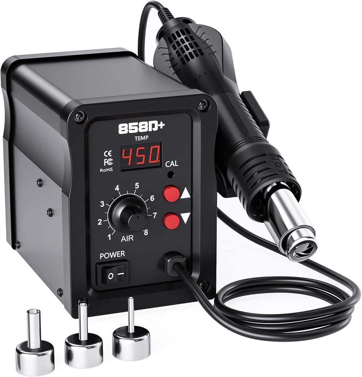 Thijox - 700W Soldeerstation met 858D Hot Air Rework Station, LED-display, 3 Sproeiers, Instelbare Temperatuur 100-450°C, SMD Desoldeerstation voor Re