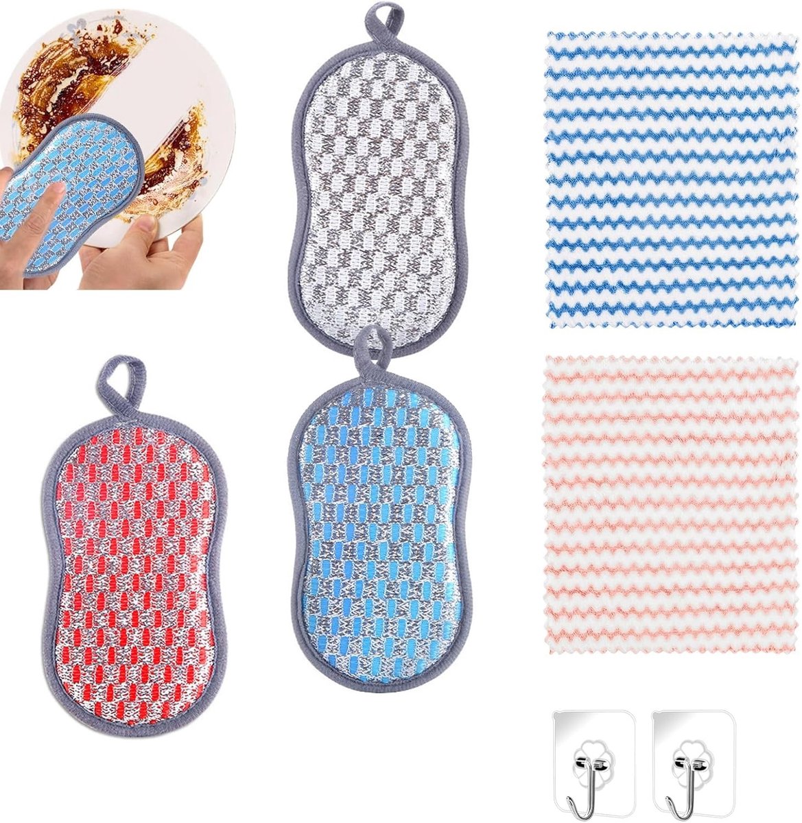 Set van 3 Herbruikbare en Wasbare Microvezel Sponsen voor Keuken, Pannen en Keukengerei met 2 Doeken en 2 Haakjes