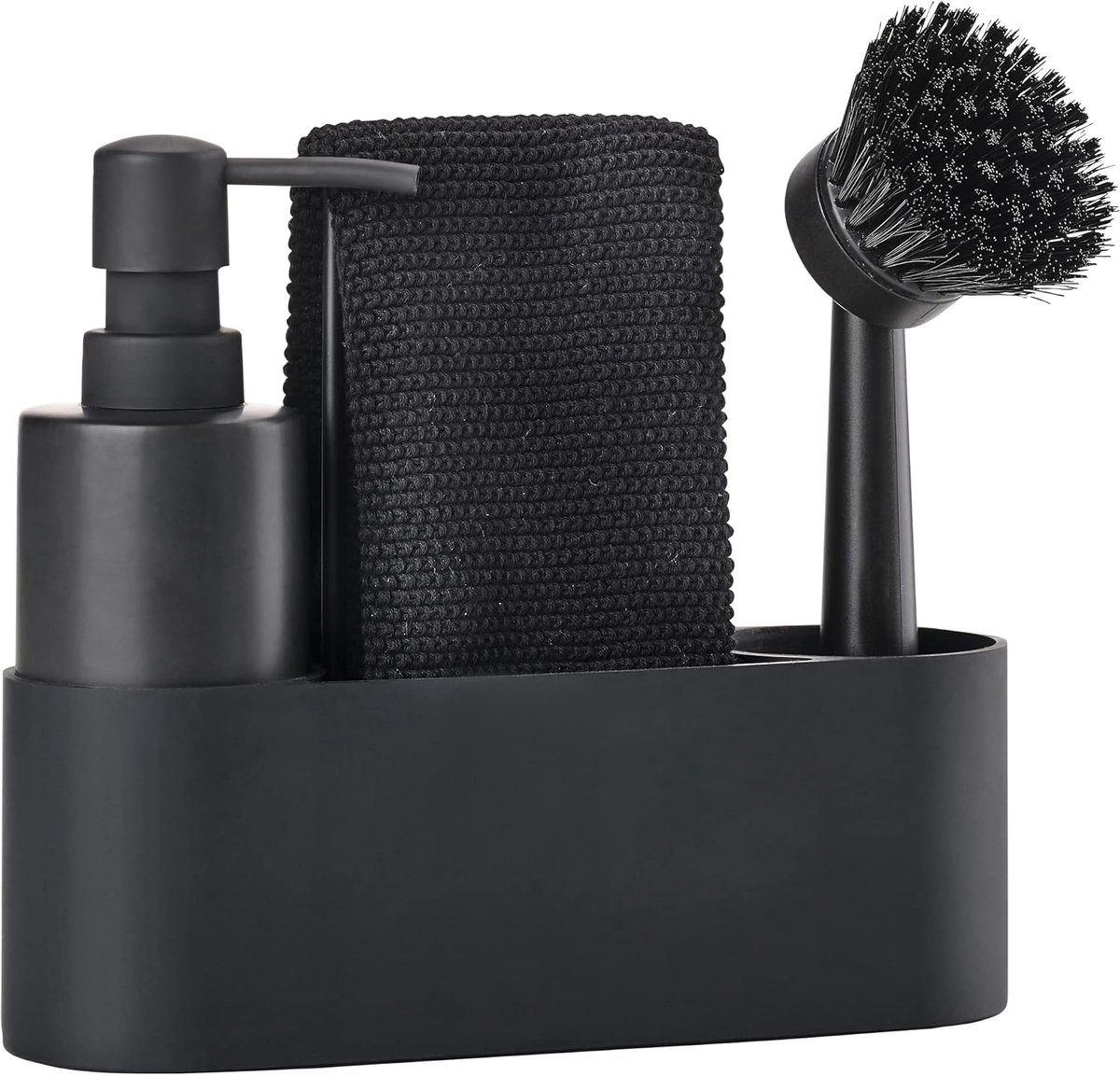 SnelShoppen - Afwas Set 4 Stuks Zwart 22x6,7x19 cm - Vaatwasserbestendig met Afwasborstel en Zeepdispenser - Keukenaccessoires voor Modern Gebruik