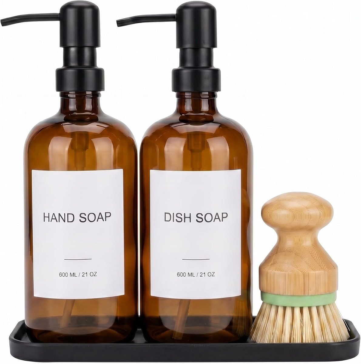 SnelShoppen - Soap Dispenser Set 600 ml Keuken, Handzeep en Afwaszeep Dispenser met RVS Pomp, Silicone Tray, Afwasborstel en 8 Waterproof Labels - Bru