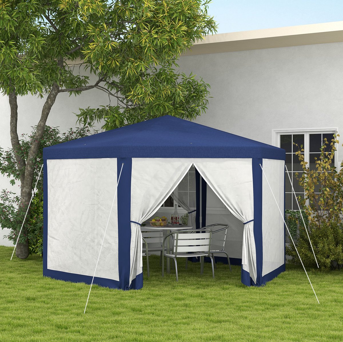 MEUNIQ 6-hoekig paviljoen 394 x 341,2 x 250 cm met muggengaas, ritssluitingspanelen en waterafstotend polyester dak voor tuin of terras, blauw