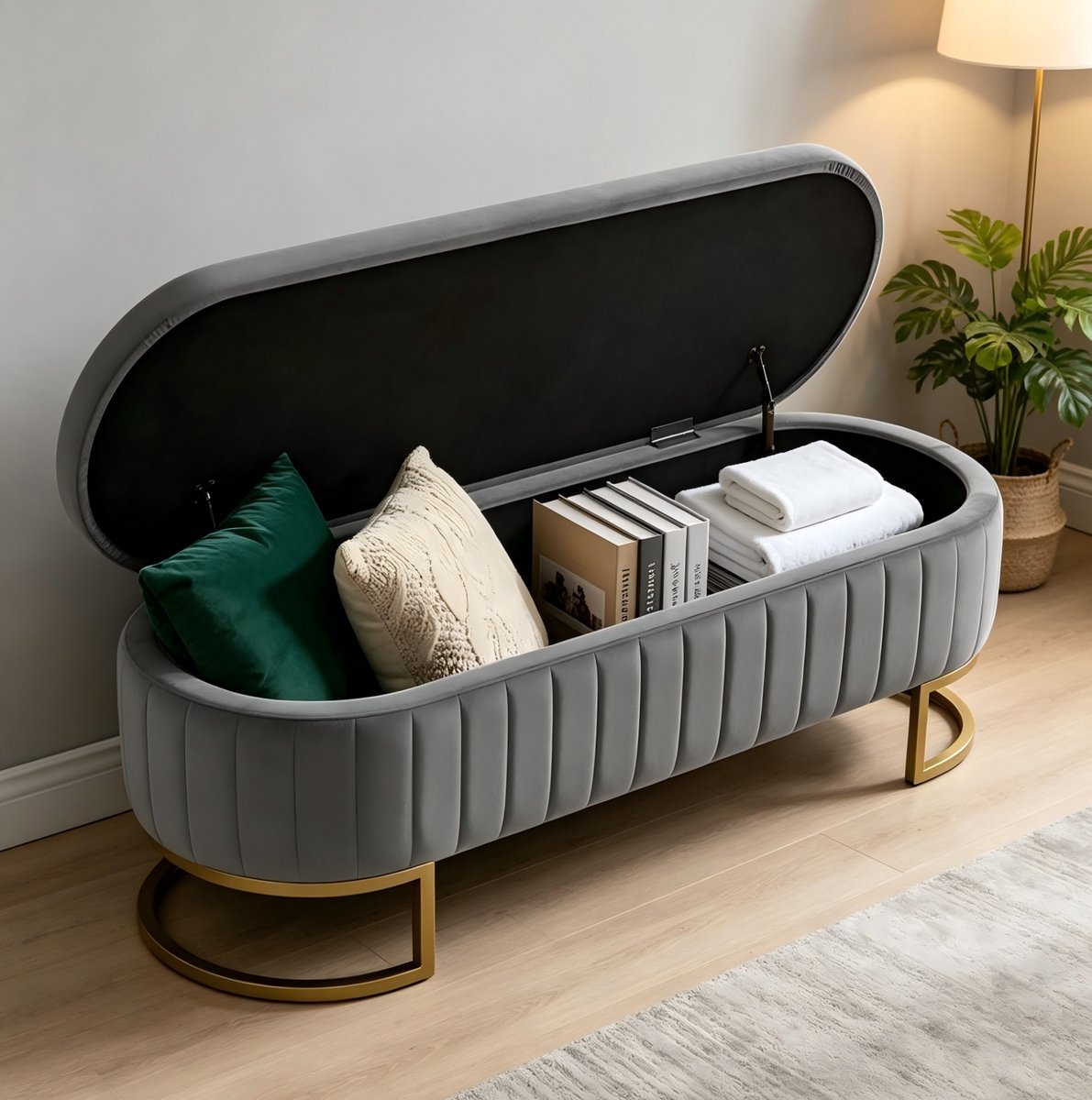 HAUSS SPOLE Opbergbank - Fluwelen Zitbank Met Opbergruimte En Gouden Metalen Poten - Voor Slaapkamer Hal En Woonkamer - Lichtgrijs - 129,5 Cm