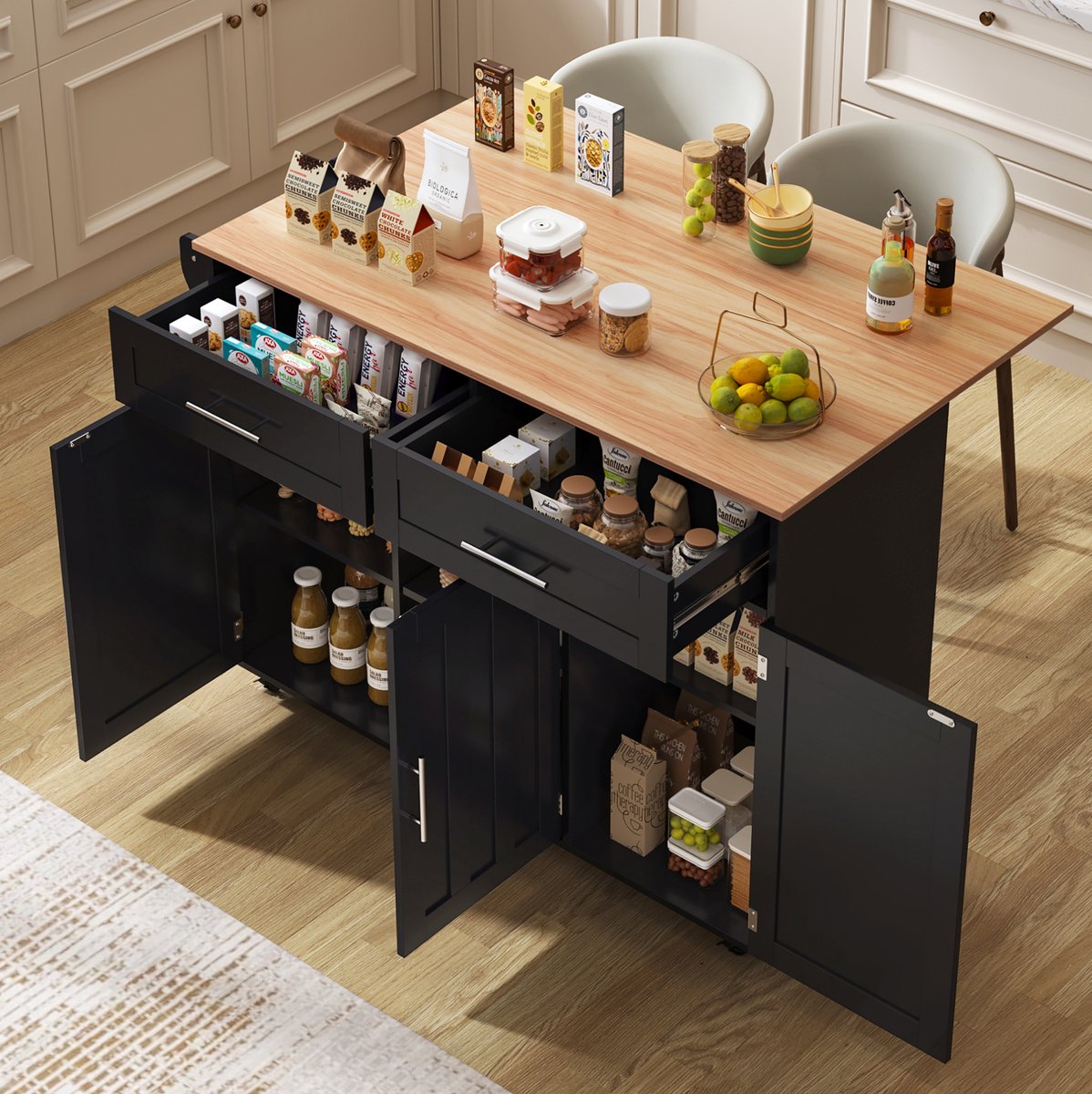 DESMIU Keukenkast - Uitklapbaar Werkblad En 2 Lades - Met 5 Wielen En Verstelbare Planken Voor Keuken En Eetkamer - MDF - 129x46x91,5 Cm - Zwart Naturel