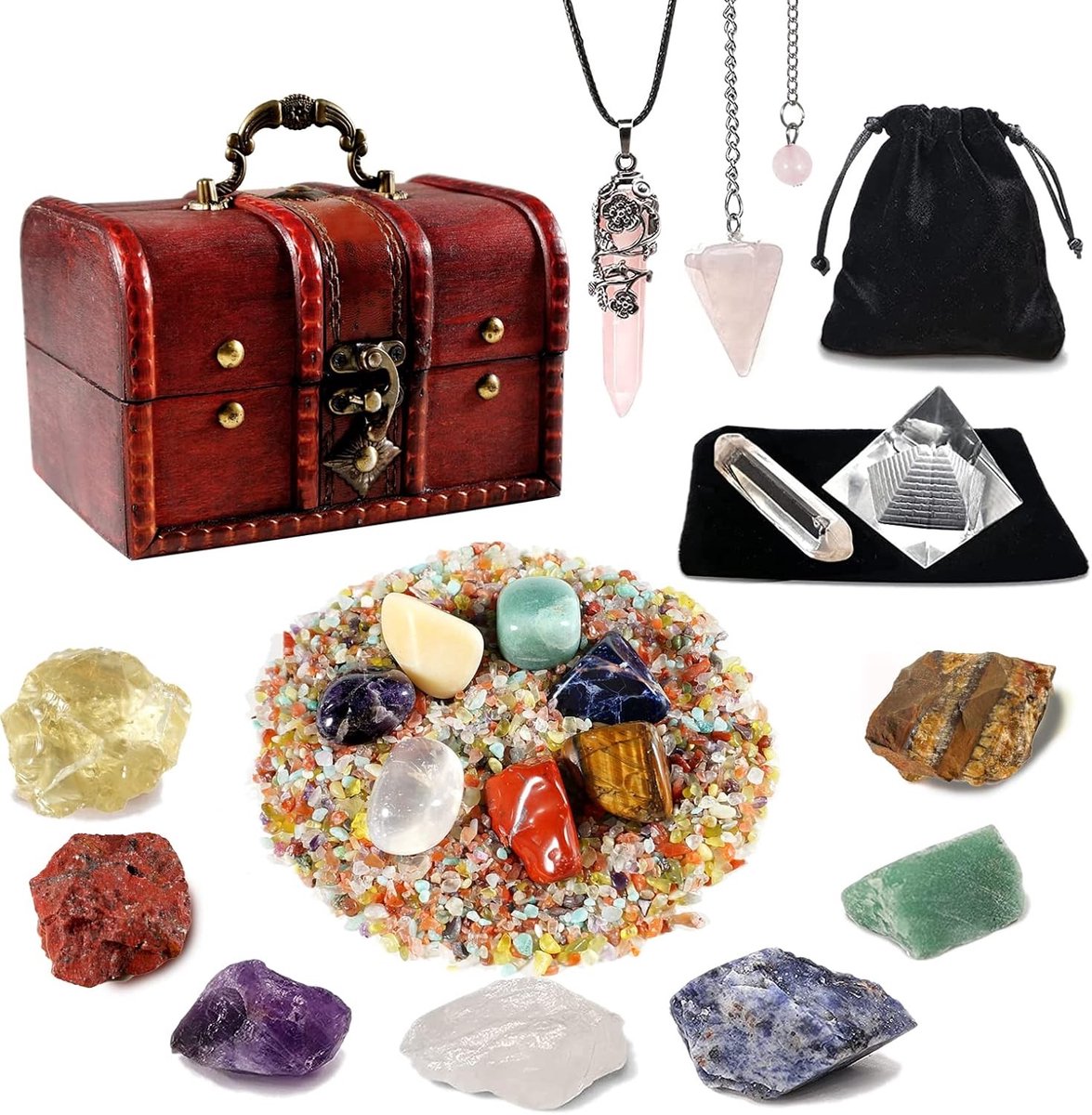 Set van 7 Chakra Stenen: Ruwe Kristallen, Helder Kwarts Piramide, Rozenkwarts Ketting en Hexagonale Kolom voor Reiki, Yoga en Meditatie Geschenk voor Beginners