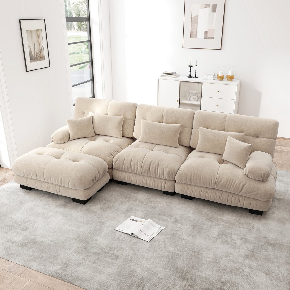 MIVRAY Hoekbank 313 x 145 cm - Modulaire L-vorm Met Verplaatsbare Ottoman En Diepe Zitting - Voor Woonkamer - Chenille Licht Koffie