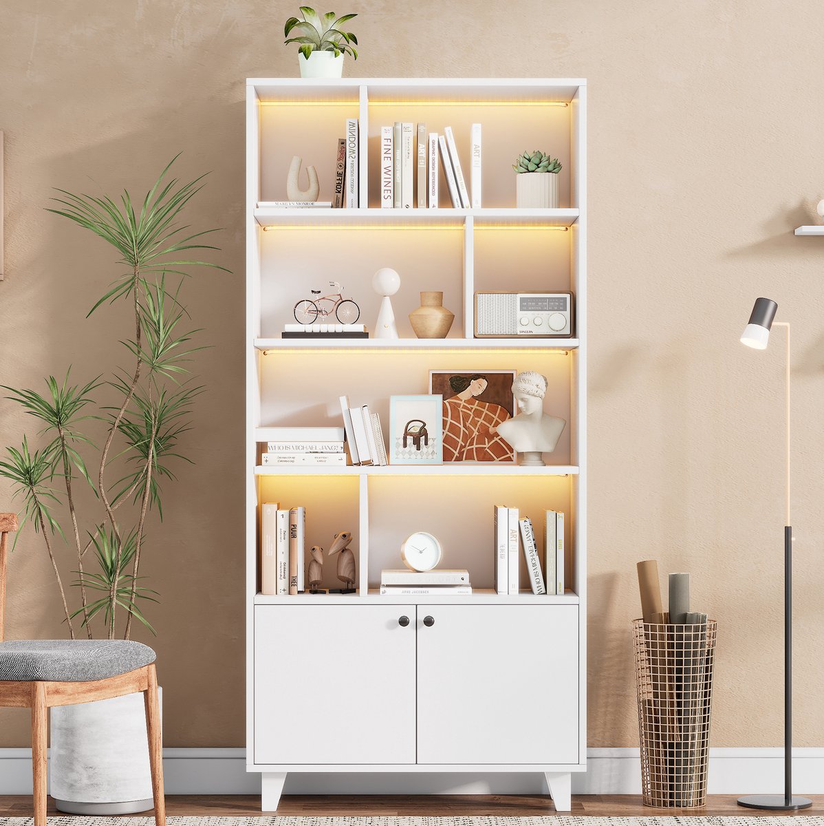 MEUNIQ Boekenkast 80 x 30 x 173 cm met LED-verlichting, app-bediening, 4 open vakken en kast met dubbele deuren, wit, voor woonkamer of studeerkamer