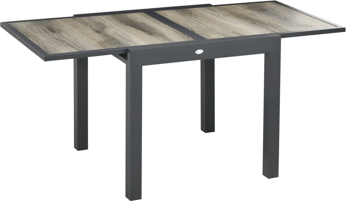 MEUNIQ uitschuifbare tuintafel eettafel 160 x 80 x 75 cm rechthoekig voor 6 personen met aluminium frame en houtlook tafelblad voor tuin terras en balkon beige grijs