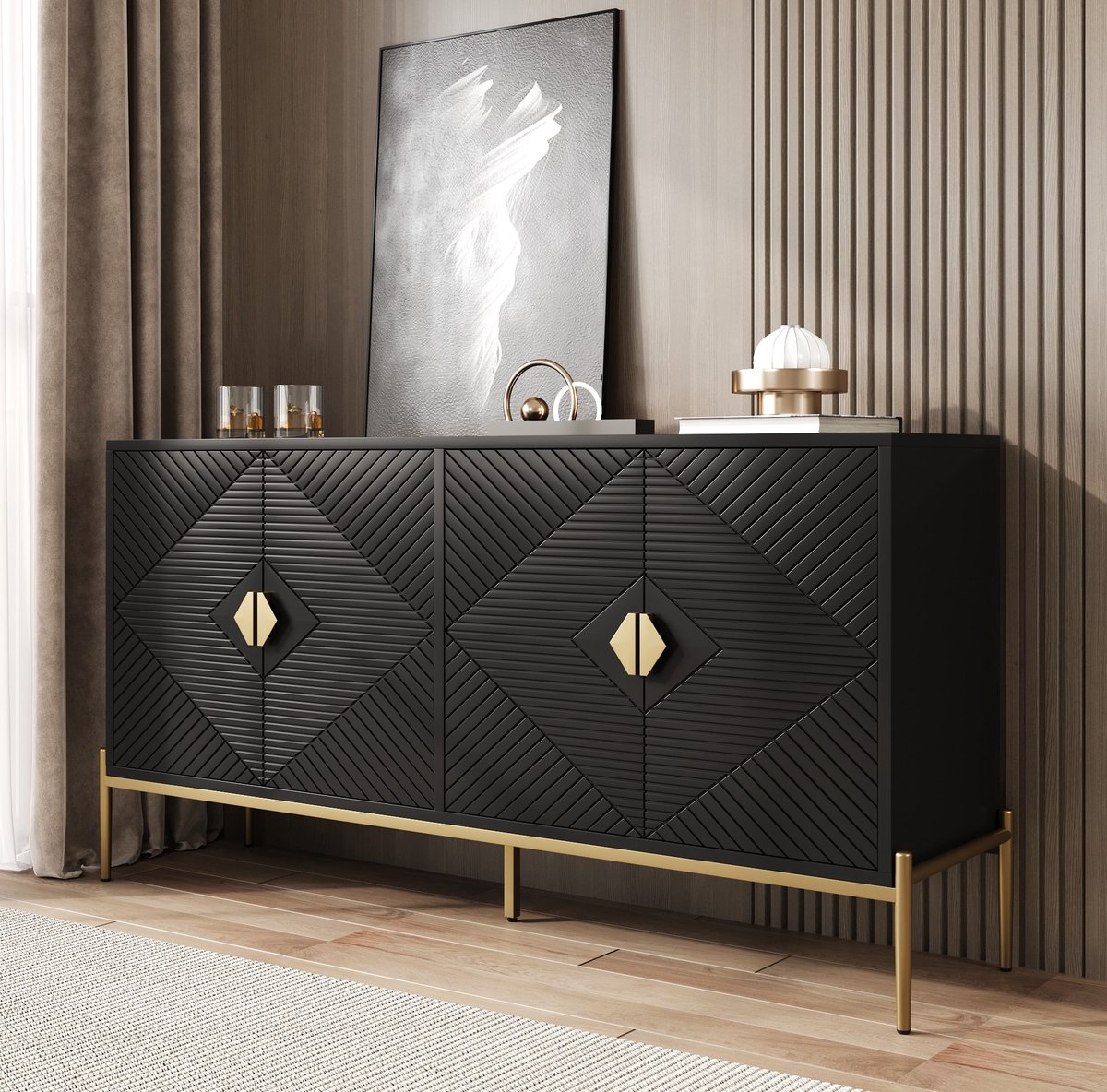 MEUNIQ dressoir 162 x 40 x 80 cm met 4 deuren, geometrisch sideboard voor woonkamer, eetkamer of hal, zwart met goudkleurige grepen en metaalpoten