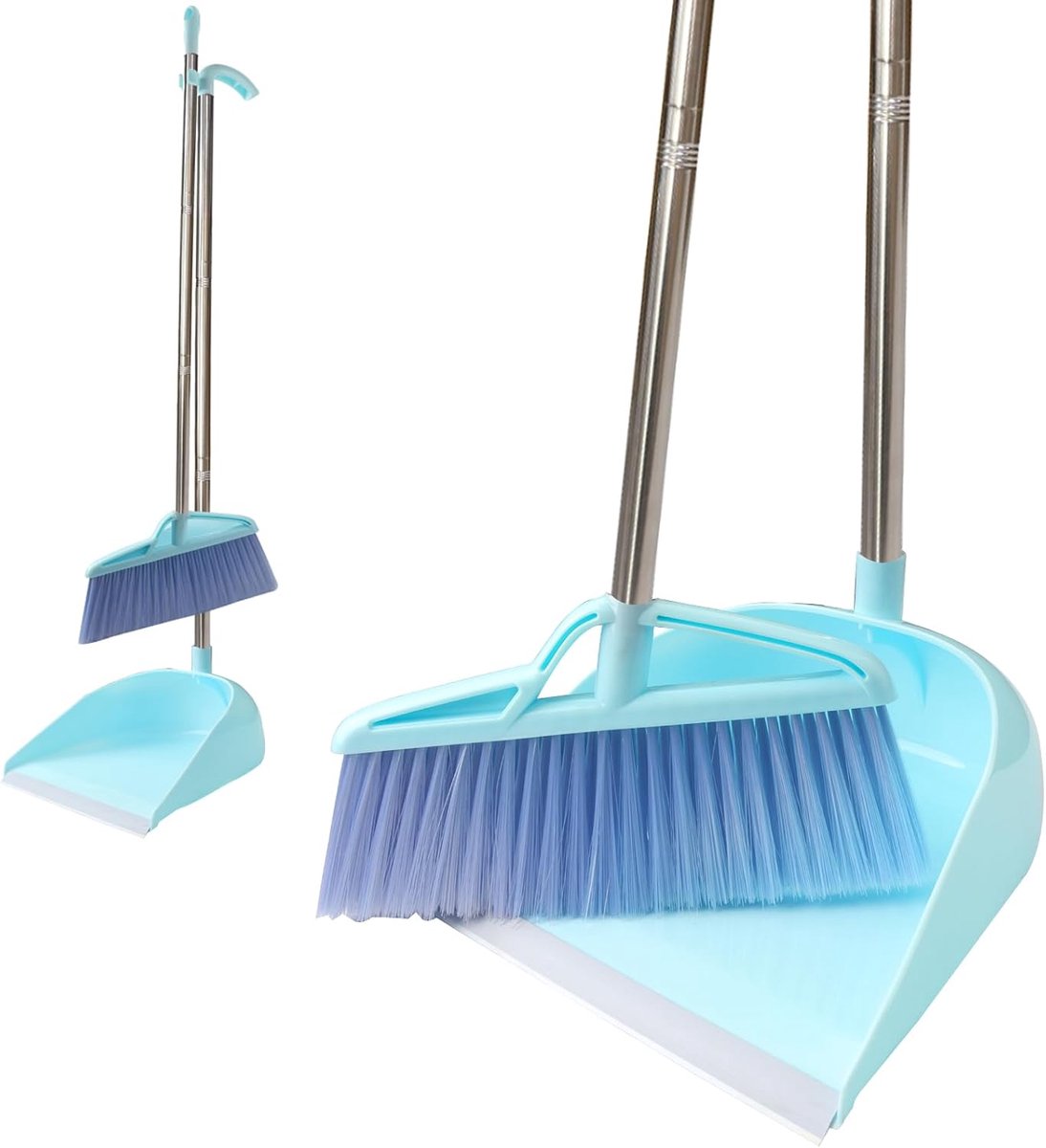 SnelShoppen - Set bezemschep, winddicht, verticaal, lange handgreep, bezemset, scheppak voor huishoudelijke reiniging, blauw