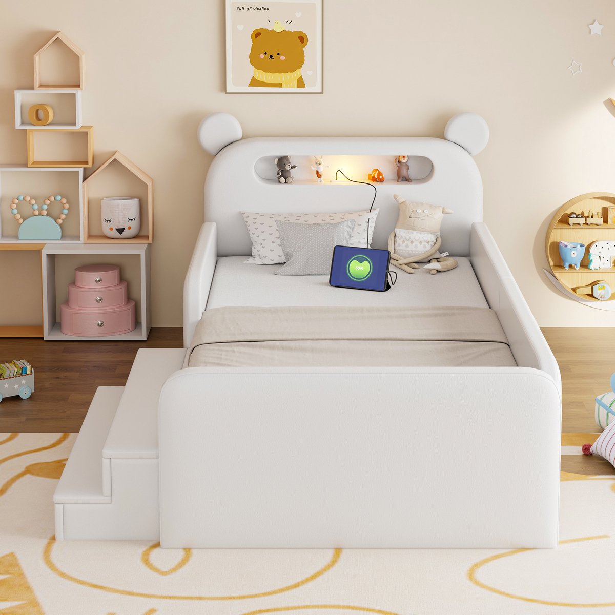 Kinderbed 90 x 200 cm - met berenhoofd rugleuning - nachtlampje - USB-oplaadpoort - opbergruimte en trapstoel - wit - zonder matras