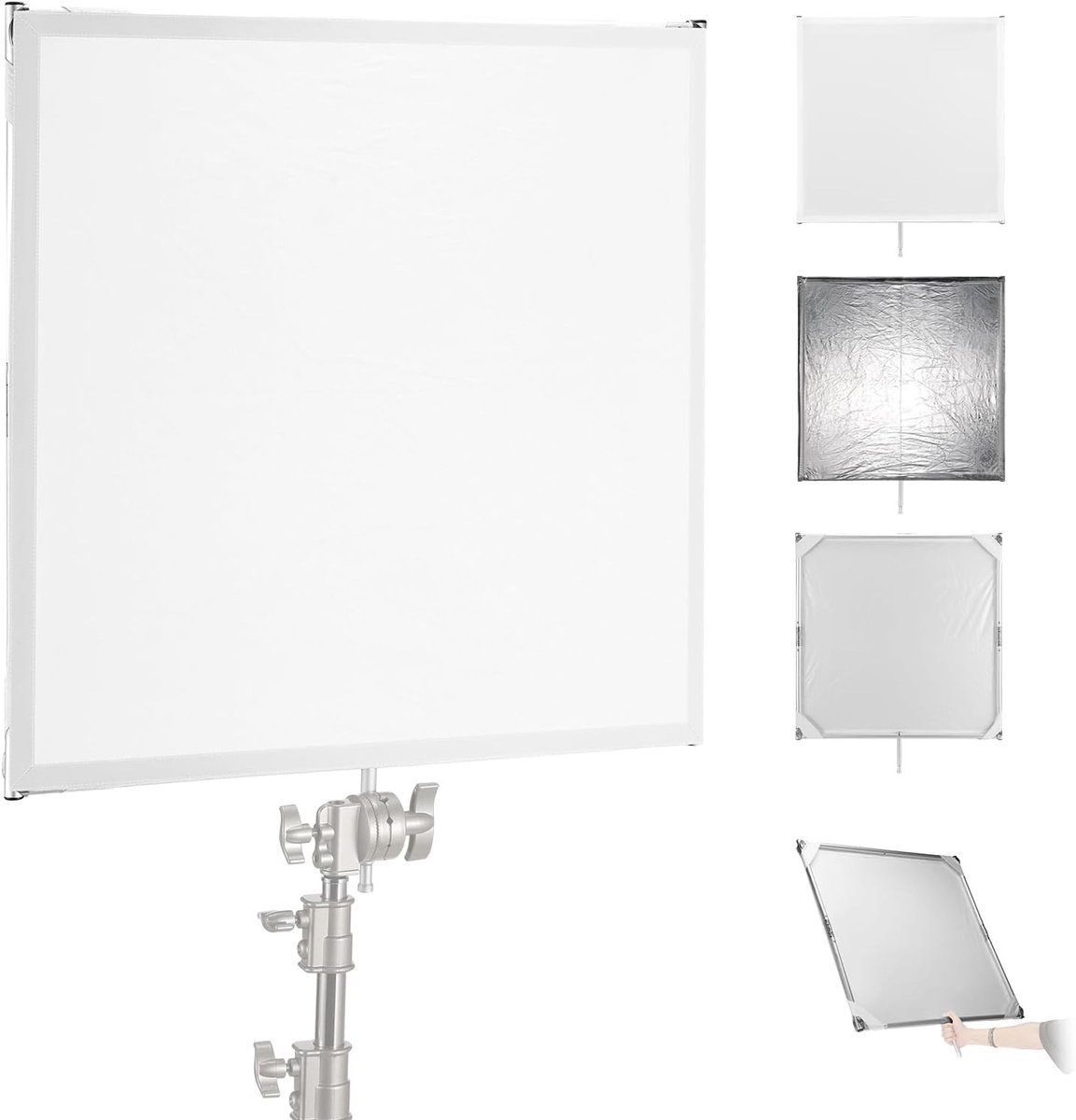 Scrim Light Diffuser Paneel 75 x 76 cm met Reflecterende Folie en Vouwbaar Frame voor Fotografie, Inclusief Handvatten en Baby Pin 5/8 Inch voor Professionele Verlichting