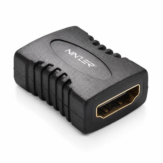 Klein zwart Ninzer HDMI koppelstuk, ribbelontwerp. Female naar female.