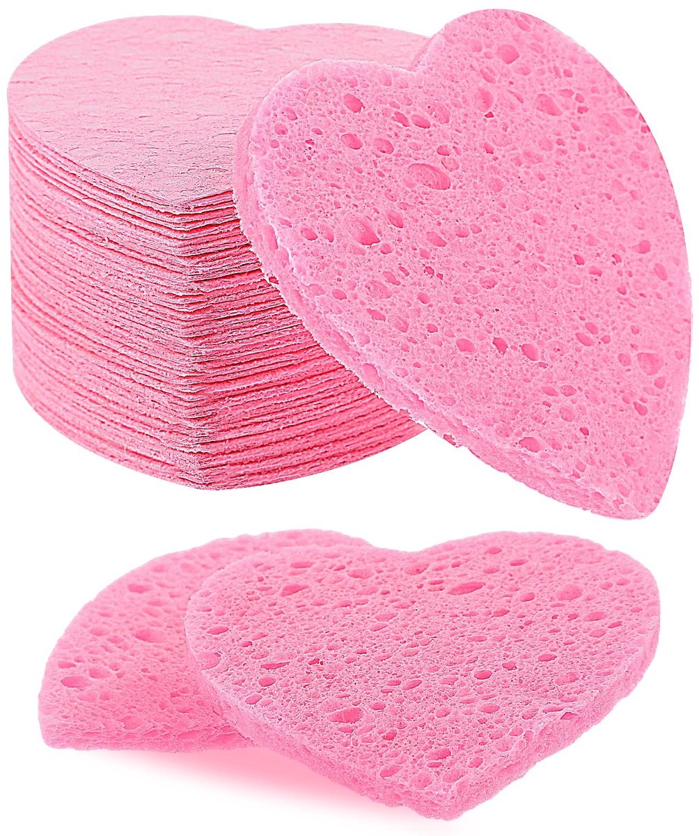 Dailygoods - Gezichtsspons, 55 stuks, hartvormige, gecomprimeerde gezichtssponzen, roze, herbruikbare natuurlijke reinigingssponzen voor beauty, spa, gezichtsreiniging, make-up remover