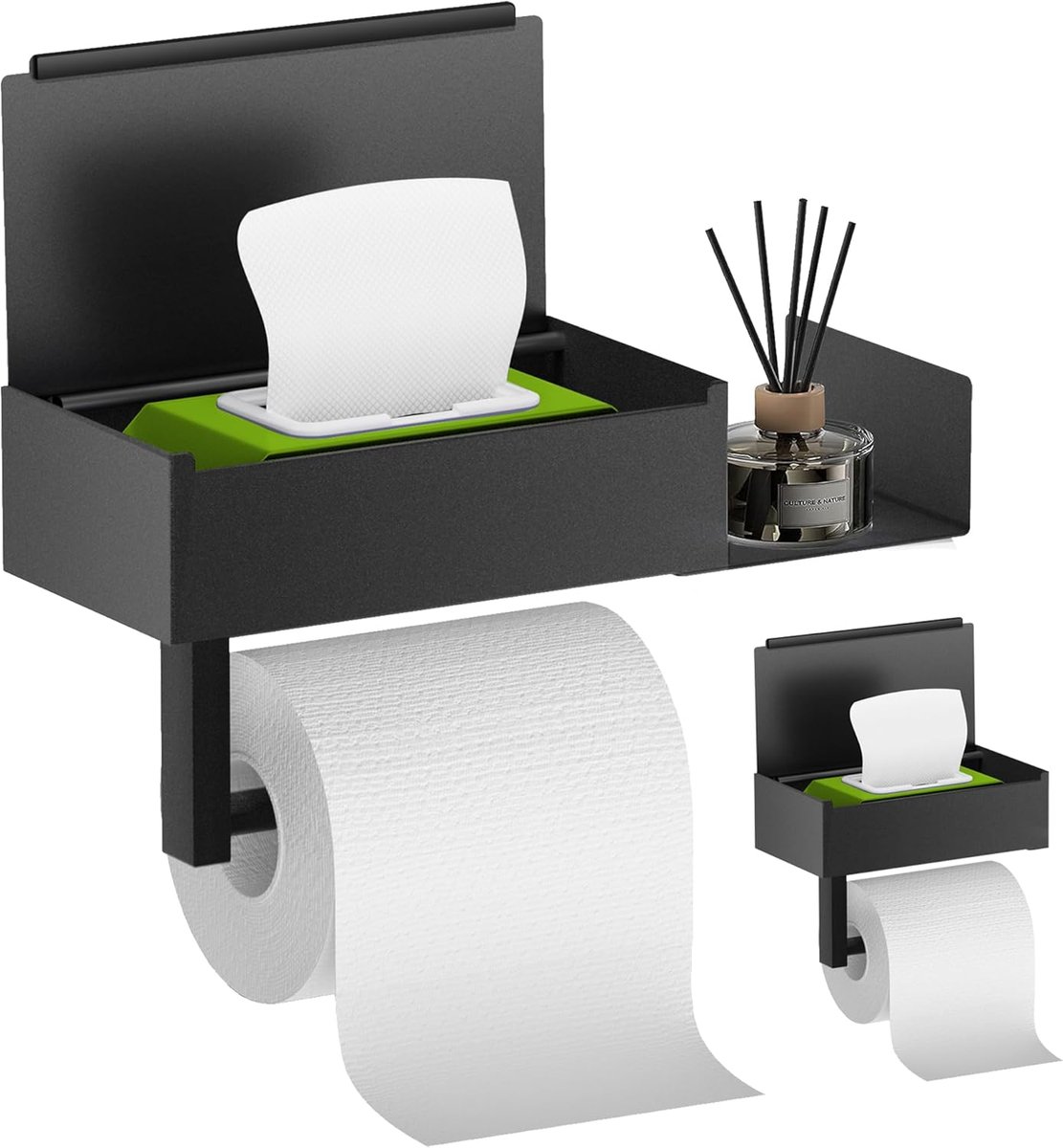Thijox - Toiletpapierhouder zonder boren met vochtige doekjes box, roestvrij staal, anti-vingerafdruk, mat zwart, wandmontage, badkameraccessoires, ho