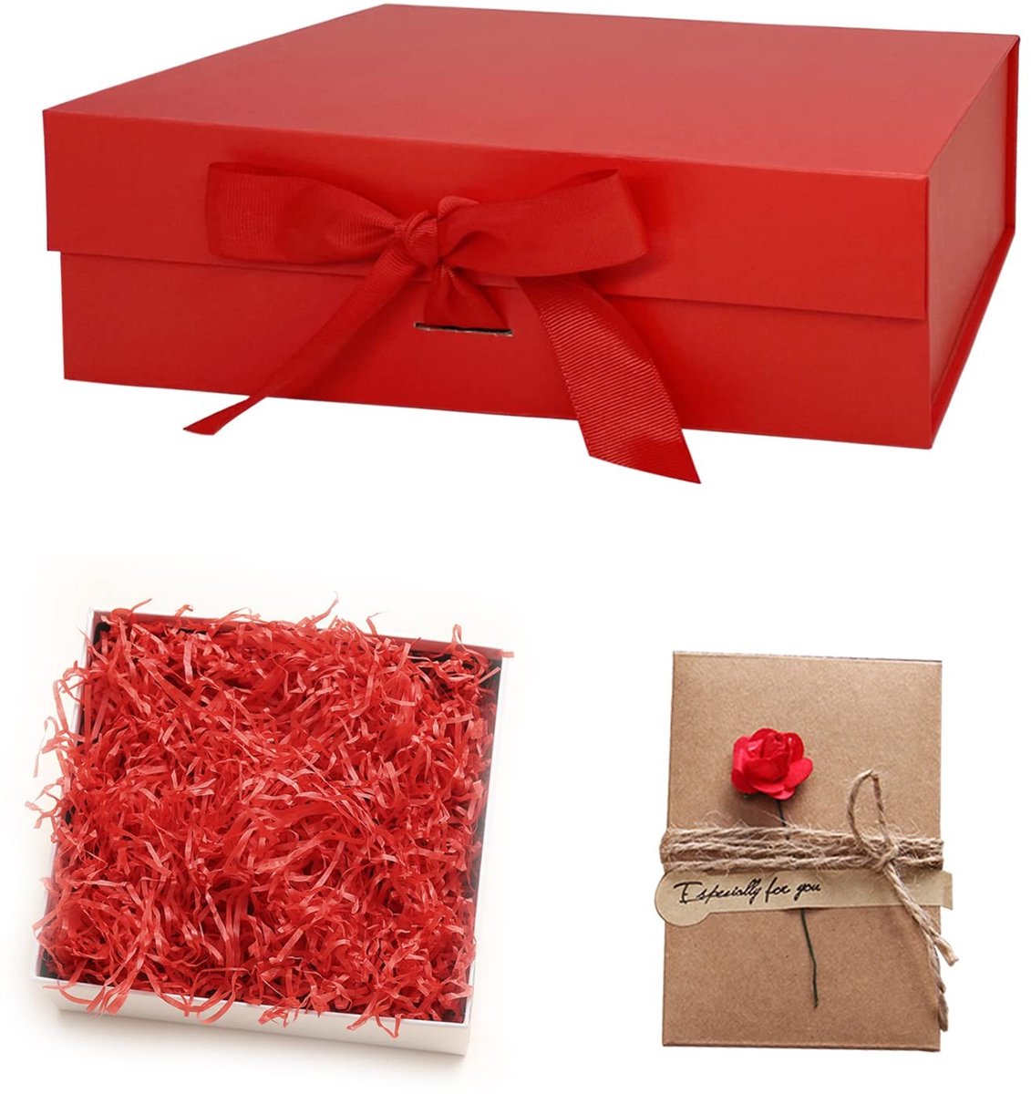 Dailygoods - Idota Geschenkdoos met deksel, rood, magnetische geschenkdozen met lint, wenskaarten, vulmateriaal, geschenkdozen voor bruiloft, verjaardag, Kerstmis, jubileum