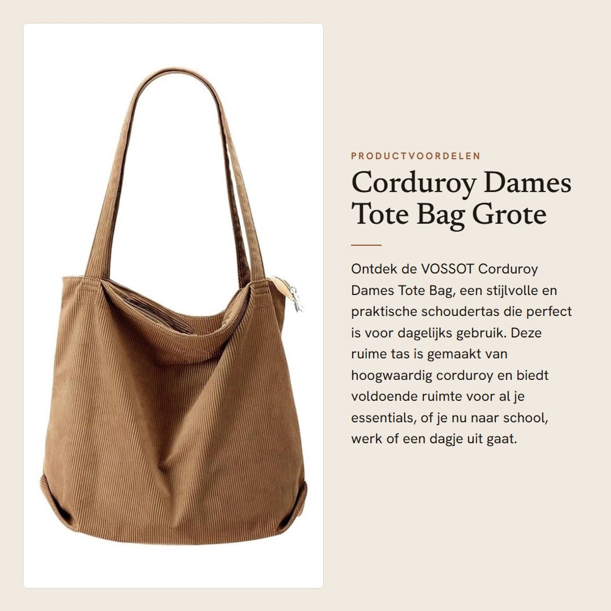 Dailygoods- Corduroy Tas Grote Shopper - Schoudertas - Dagtas - Zipper Tas - Handtas - Geschikt voor School/College