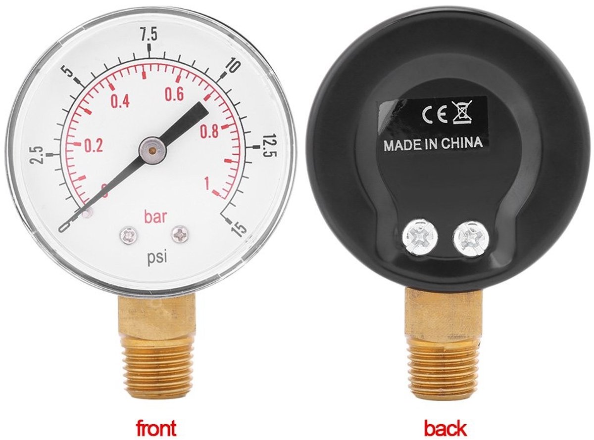 Dailygoods- Manometer 0-15psi/0-1bar - Mini Drukmeter - Dubbele Manometer - Geschikt voor Lucht/Water/Olie - 1/4" BSPT Aansluiting - Compact en Lichtgewicht