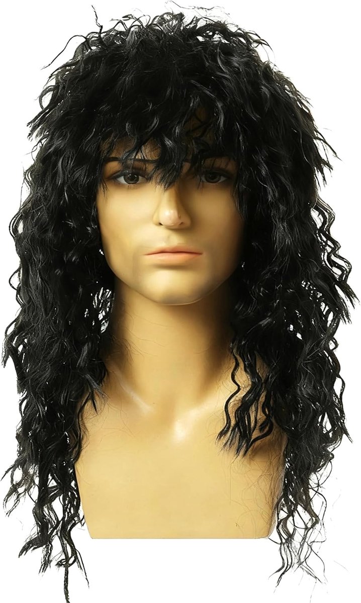 SnelShoppen - Herenpruik Lang Zwart Krullend Mullet Kapsel, Retro Jaren 70/80 Stijl voor Heavy Metal Feest, Perfect voor Festivals en Themaparties