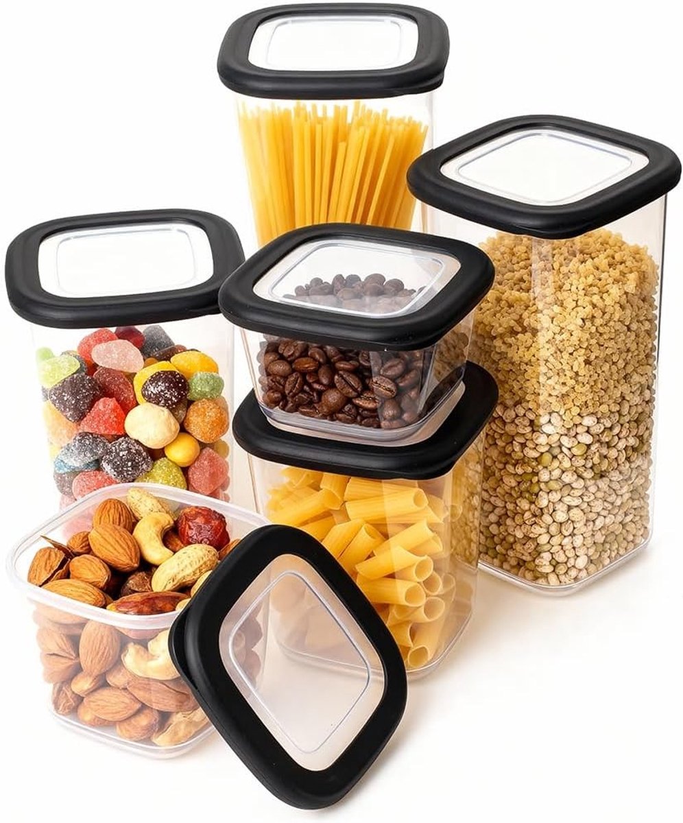 Plastic Voedselopslagdozen met Deksel en Labels - Stapelbare Keuken Organizer voor Droge Voeding, Snacks en Maaltijdvoorbereiding - Set van 6