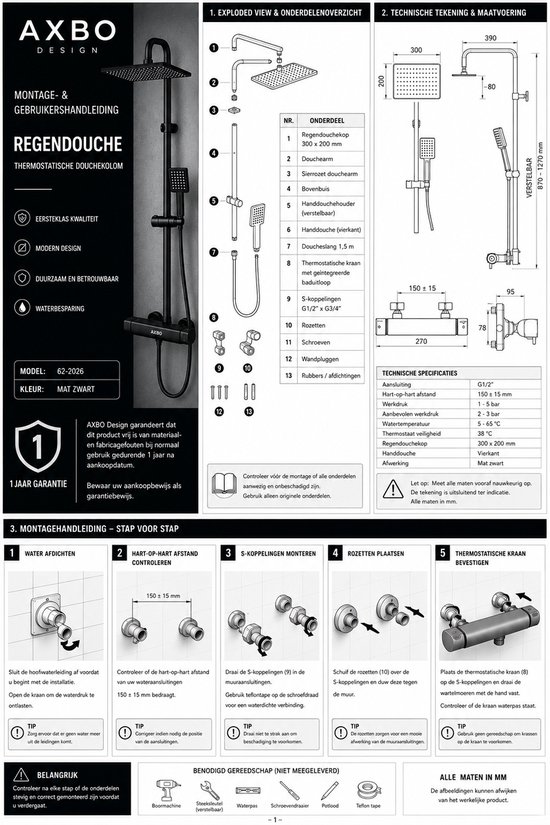 Regendouche met Thermostaatkraan - Regendouche en Handdouche - 30 cm Douchekop - vierkant Design - Zwart-Doucheset compleet