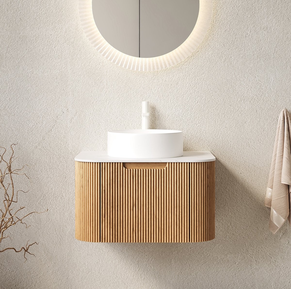 FloraGrace Badkamermeubel - Hangend Met Keramische Opbouwwaskom En Softclose Lade - Voor Badkamer - Sintersteen En Multiplex - 61 Cm - Naturel Wit