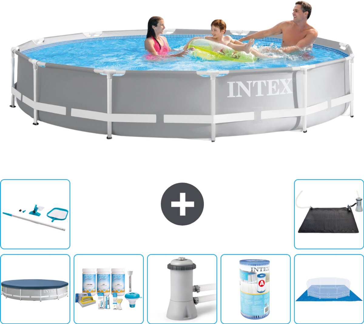 Intex Rond Prism Frame Zwembad - 366 x 76 cm - Grijs - Inclusief Afdekzeil - Onderhoudspakket - Zwembadfilterpomp - Filter - Grondzeil - Schoonmaakset - Solar Mat - 8-delig