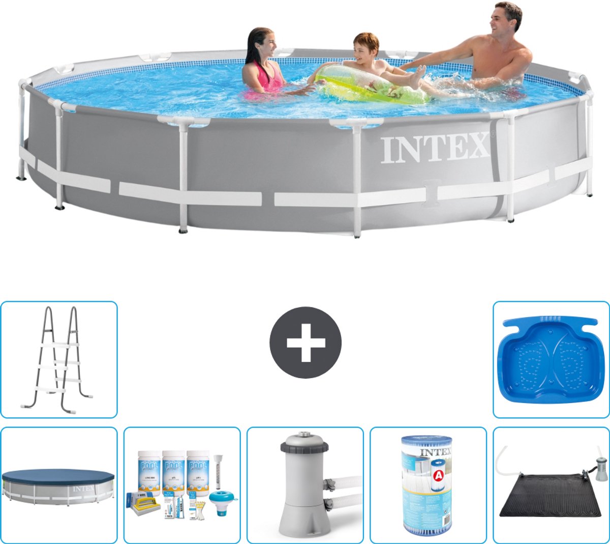 Intex Rond Prism Frame Zwembad - 366 x 76 cm - Grijs - Inclusief Afdekzeil - Onderhoudspakket - Zwembadfilterpomp - Filter - Solar Mat - Ladder - Voetenbad - 8-delig
