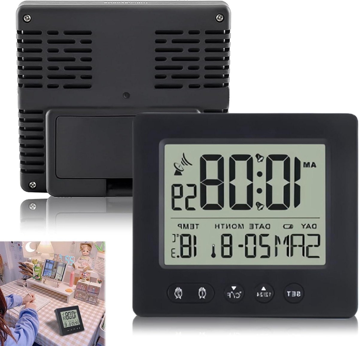 Digitale Wekker - Radio Klok - Tijd Bijhouden - Automatische Tijdinstelling - 9 x 8.5 x 3 cm - Zwart