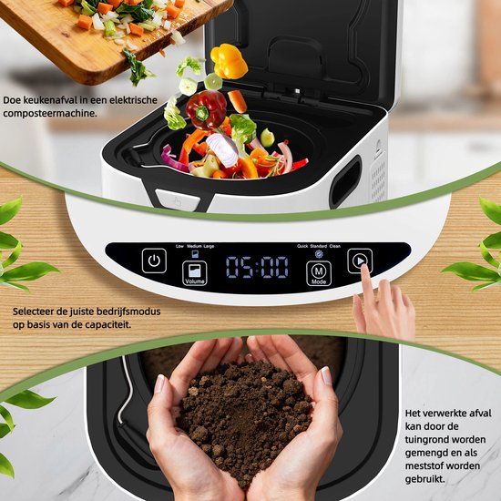 Vrouw voegt groenten toe aan een compostbak met digitaal display. Handen tonen de verwerkte compost.