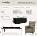 Technische details van een 8-persoons wicker tuinset met tafelafmetingen, stoelafmetingen en beschermhoes.